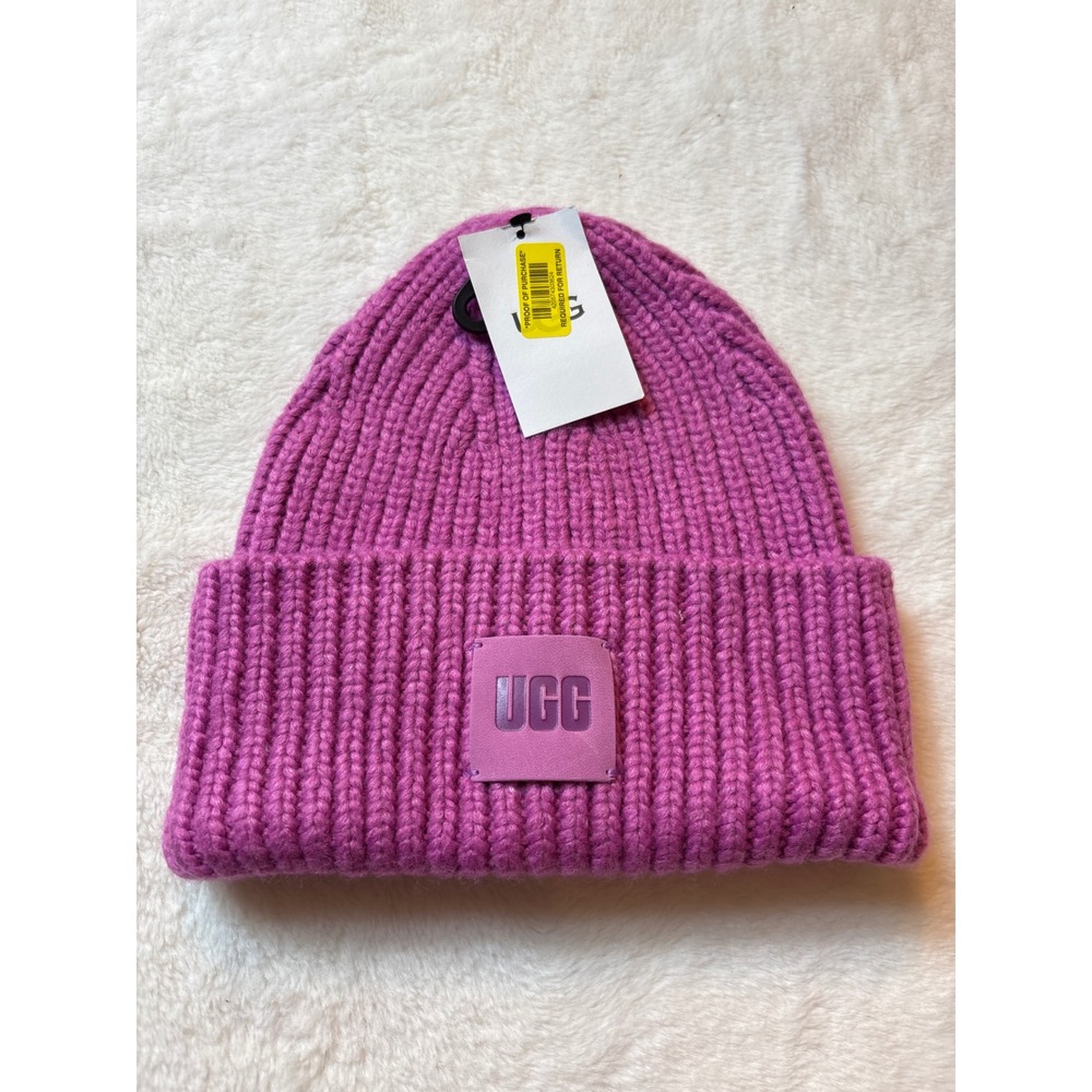 UGG Chunky Rib Knit Beanie Violet Pink Wool Blend Logo Patch Winter Hat NWT